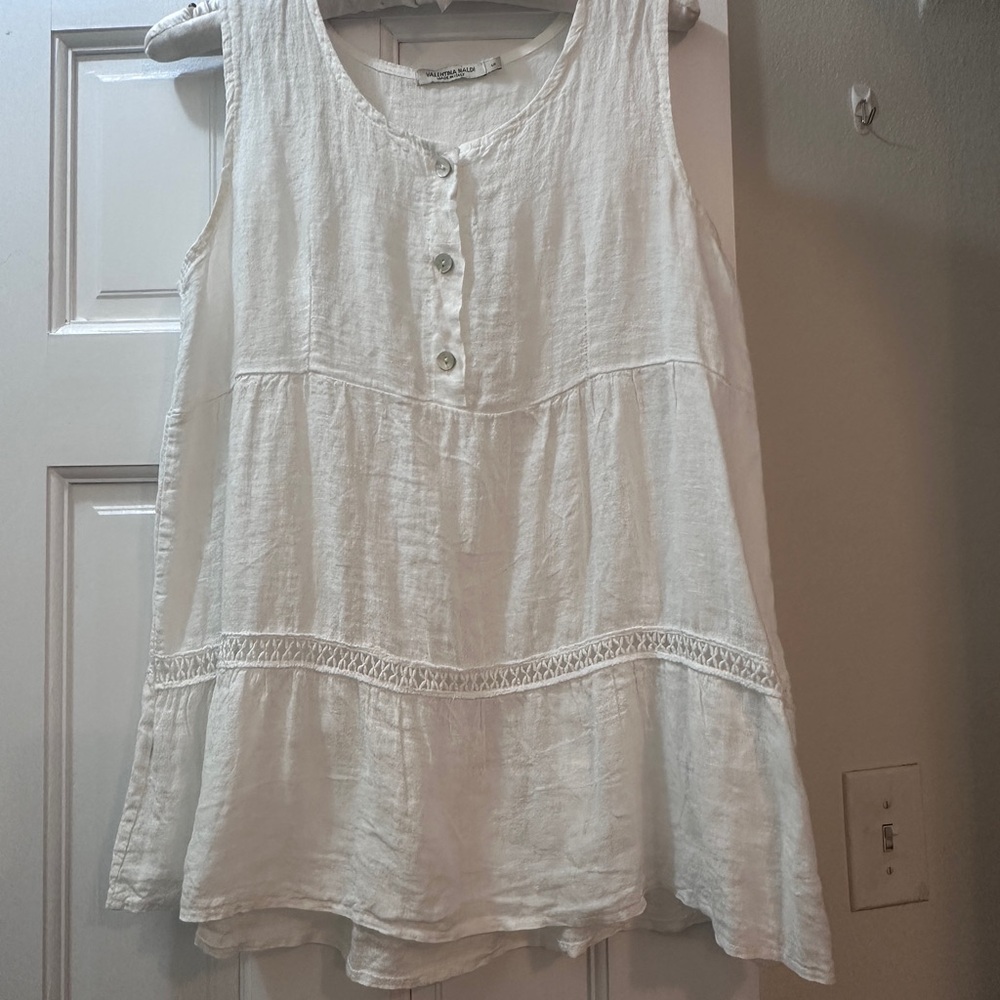 VALENTINA NALDI White Italian Linen Sleeveless Henley 3 Button Blouse S Beachy